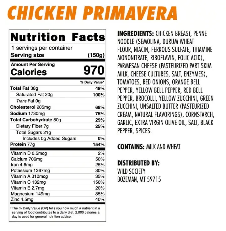 Wild Society Chicken Pasta Primavera Freeze Dried Meal 2