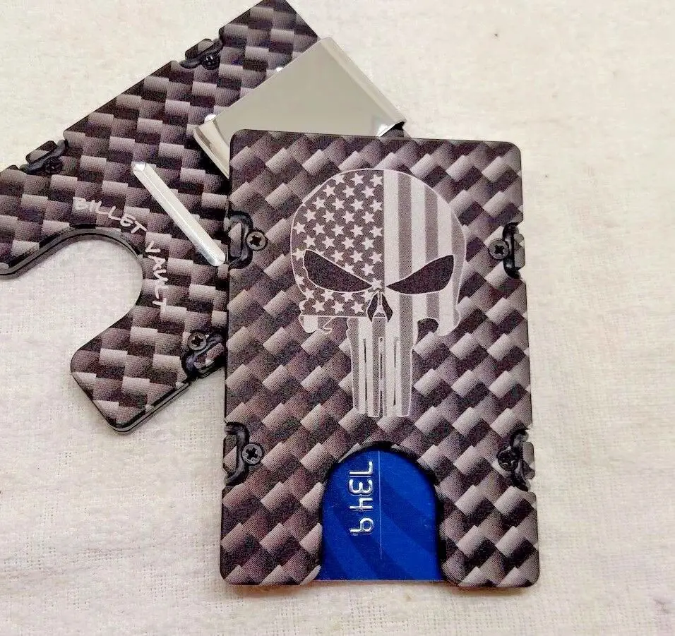 Carbon Fiber Pattern With Punisher American Flag - Billetvault Aluminum Wallet 1