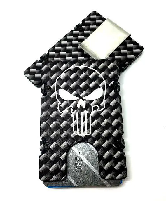 Carbon Fiber Pattern With Punisher - Billetvault Aluminum Wallet 1