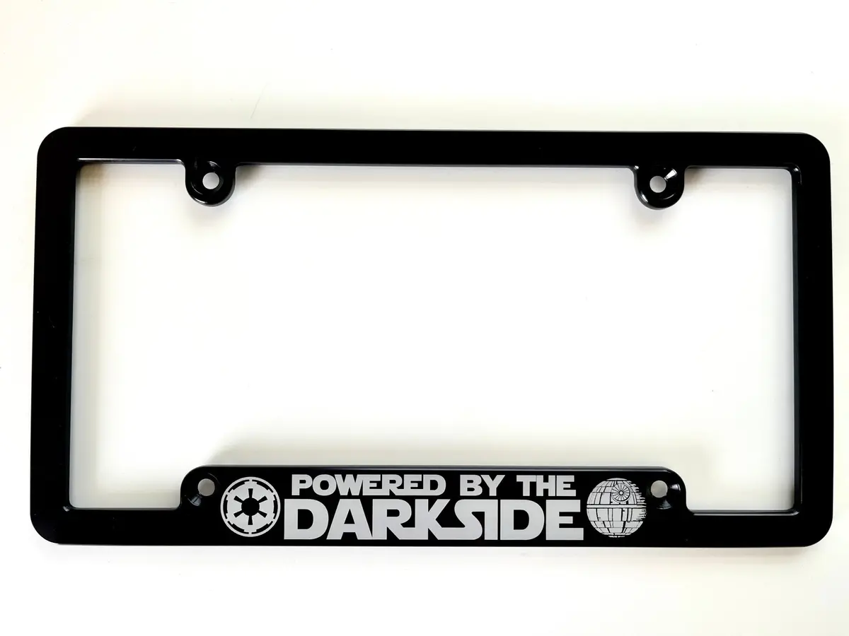 Powered By The Darkside Billet Aluminum License Plate Frame 1